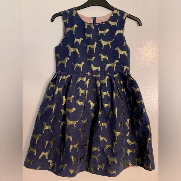 Mini Boden | Dresses | Mini Boden Fancy Occasion Party Or Holiday Dress 9  Gold Sparkly Dog Pattern | Poshmark